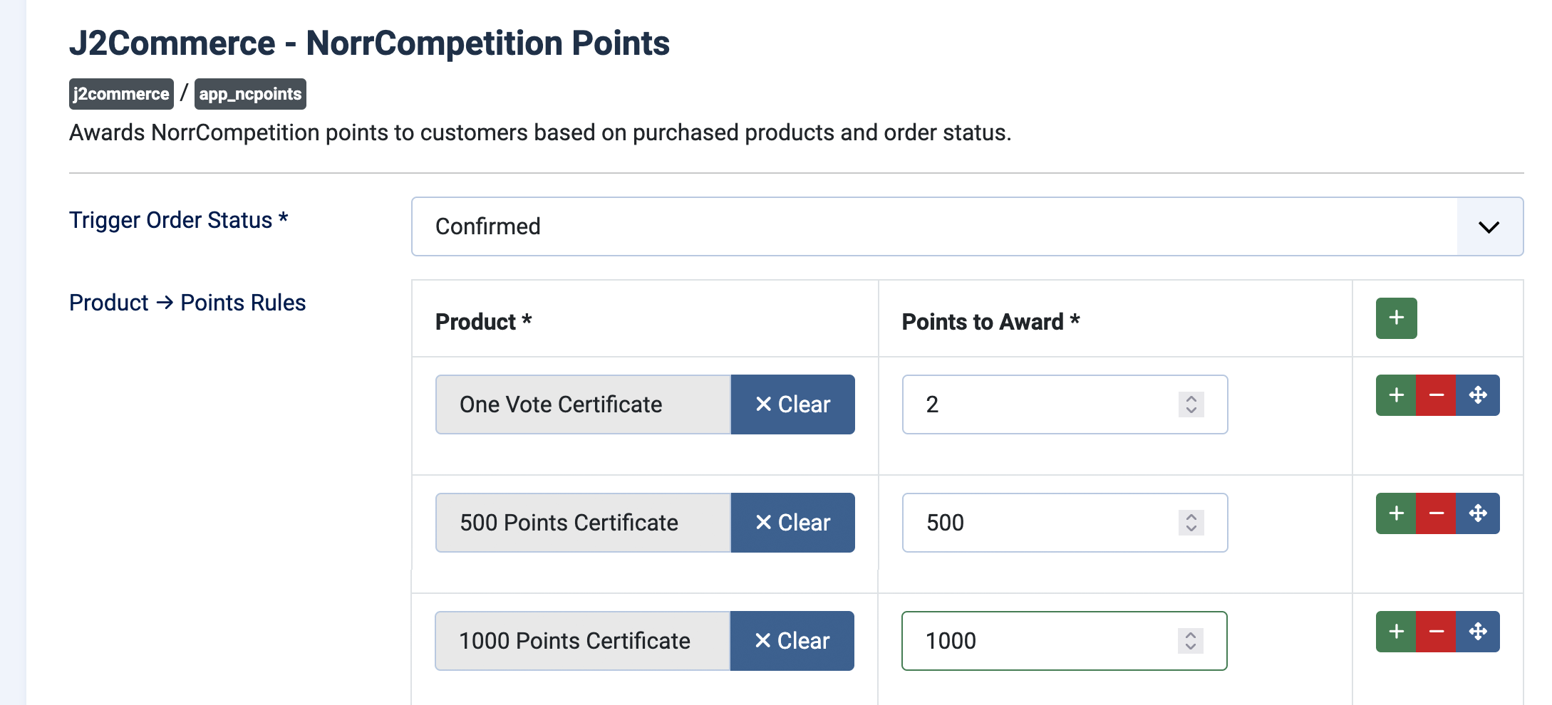 J2Commerce - NorrCompetition Points. Settings