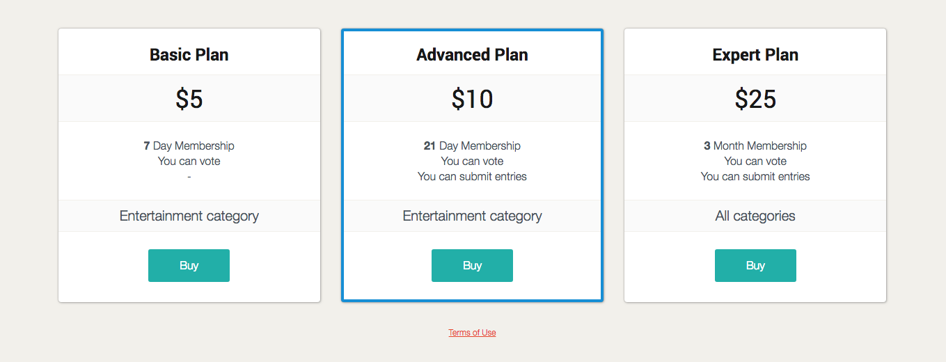 Example of pricing plans for the voting cotest site