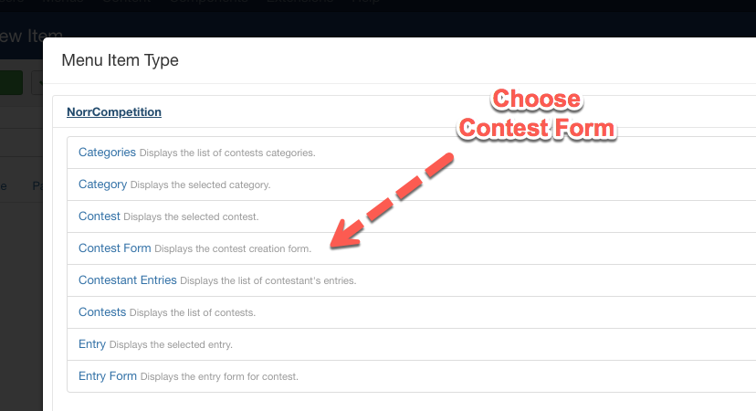 Create a contest Form menu item