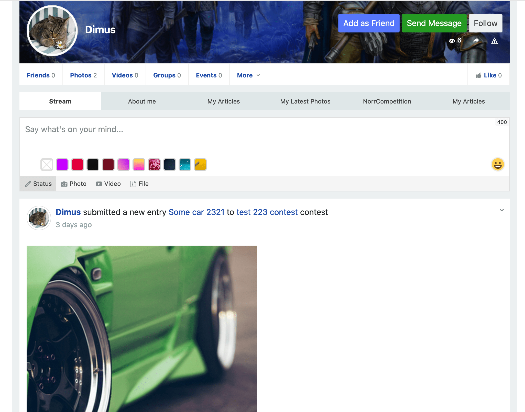 NorrCompetition actions listed in the stream of a user's profile
