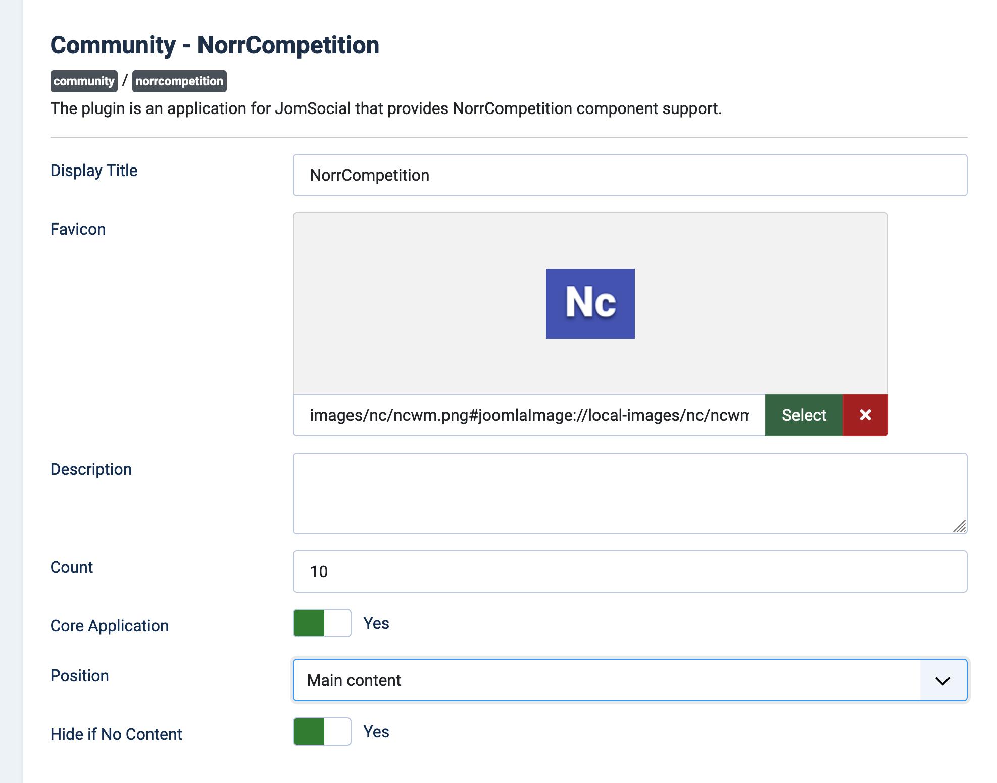 JomSocial Application settings in the Joomla plugin