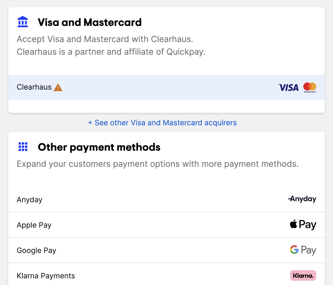 Payment Methods list