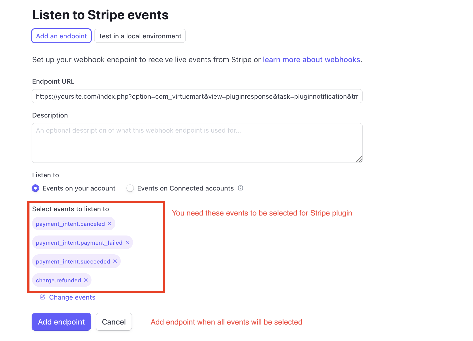 Make sure all events are correct and corresponds to your edition of Stripe plugin 