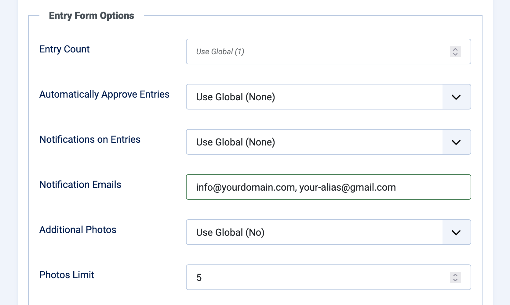 Notification Emails in Entry Form Options