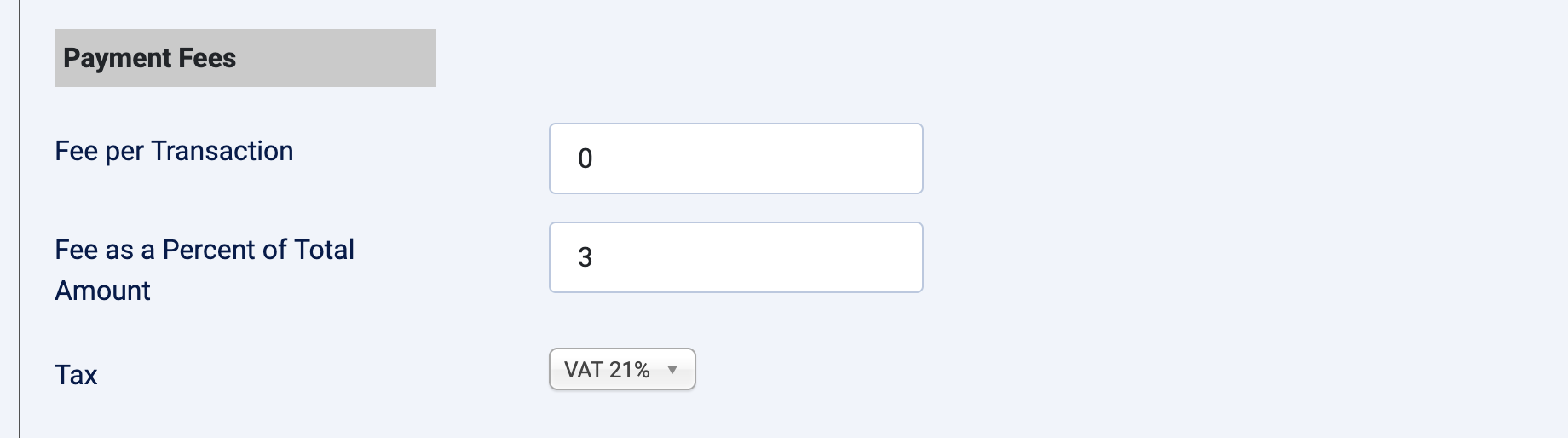 Payment Fees parameters