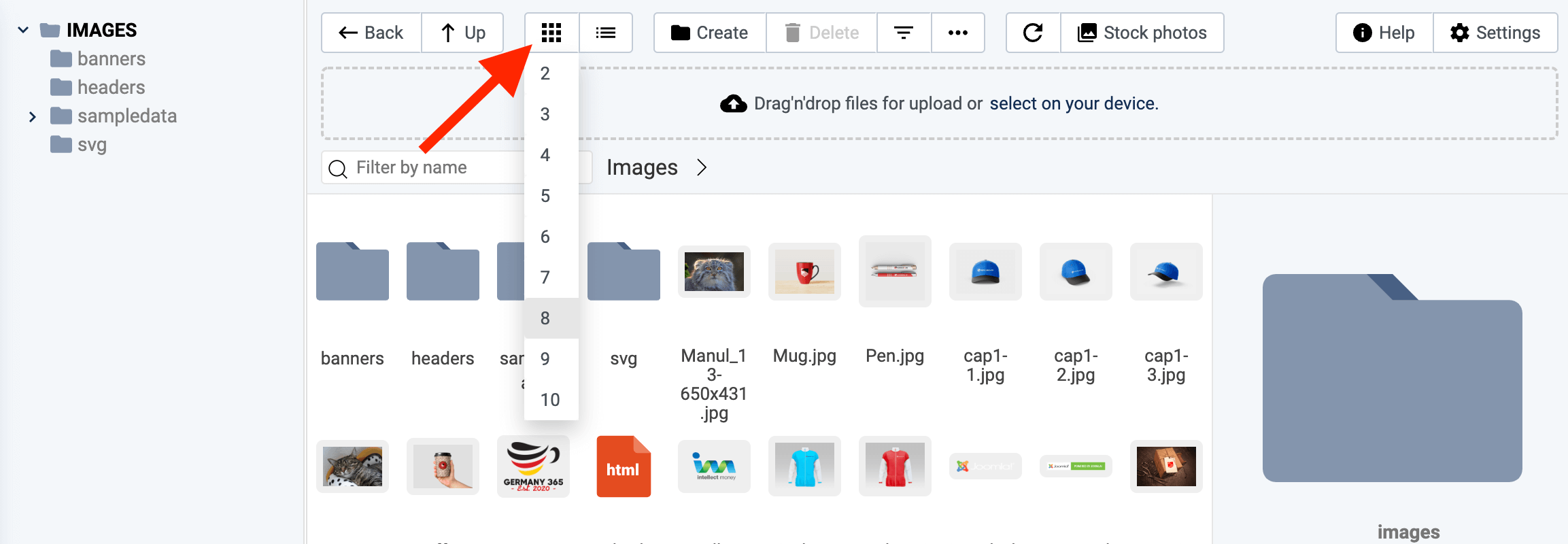 Grid mode expanded to 10 items per column