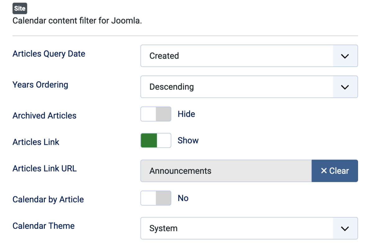 Calendar Filter settings